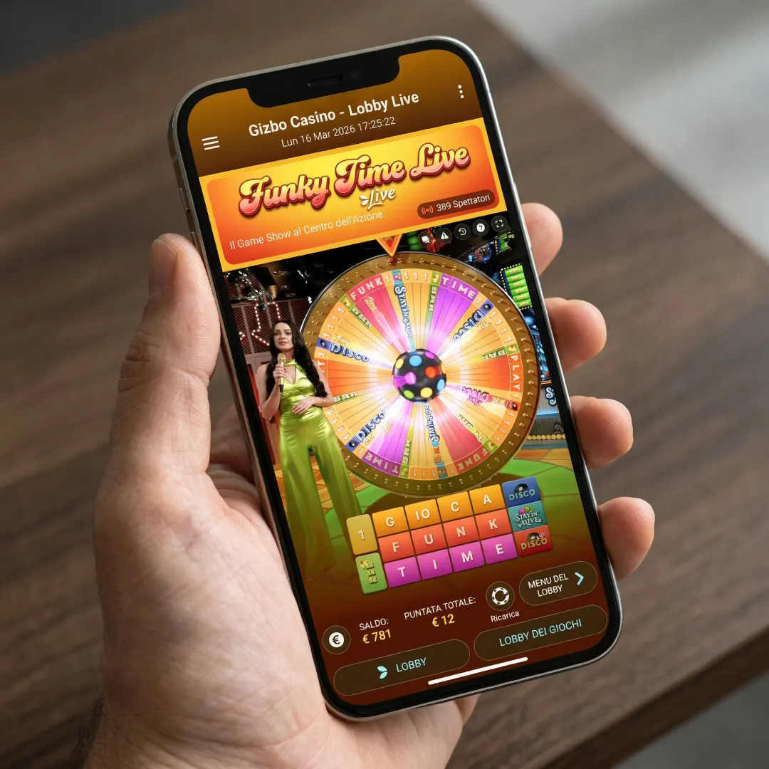 Lobby live di Gizbo Casino con Funky Time in primo piano - screenshot marzo 2026
